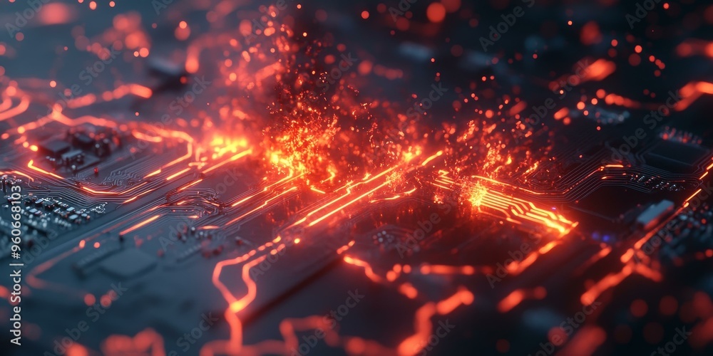 Fototapeta premium Red glowing circuit board with particles.
