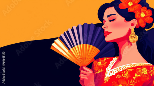 Beautiful Spanish woman in a flowing red dress with fan, passionately dancing flamenco with grace. Copy space.
