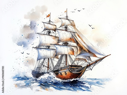 A beautifully detailed watercolor painting of a majestic ship sailing through turbulent waters, capturing adventure and maritime spirit.