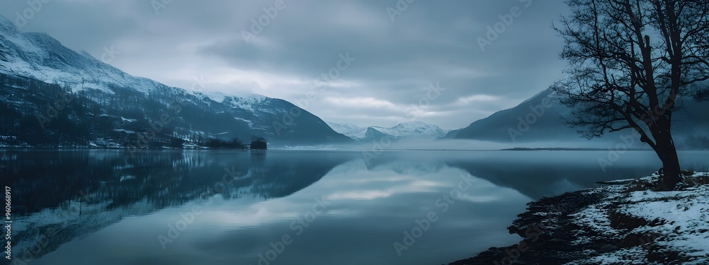 Fototapeta premium A cinematic still of snow-covered mountains reflecting in the calm waters, creating an ethereal and serene atmosphere