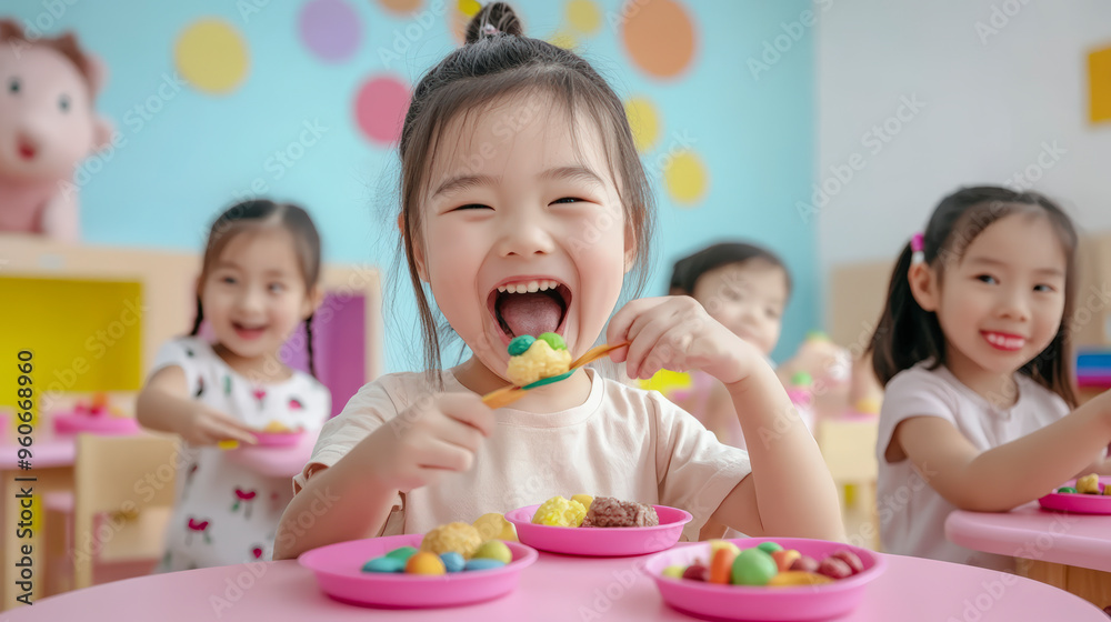 Four joyful children enjoy colorful snacks together at a bright and cheerful playroom, creating smiles and laughter during their fun-filled meal time. Four joyful children enjoy colorful snacks together at a bright and cheerful playroom, creating smiles and laughter during their fun-filled meal time.