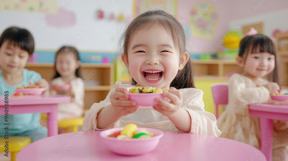 A group of young children happily enjoy snacks at a colorful classroom table, with one child smiling brightly at the camera. A group of young children happily enjoy snacks at a colorful classroom table, with one child smiling brightly at the camera.