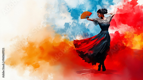 Watercolor art featuring a Spanish flamenco dancer in a vibrant red dress on a colorful background, showcasing cultural elegance. Copy space.