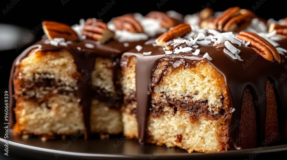A rich chocolate-infused cake topped with shredded coconut and pecans, showcasing a moist interior and decadent layers. A rich chocolate-infused cake topped with shredded coconut and pecans, showcasing a moist interior and decadent layers.