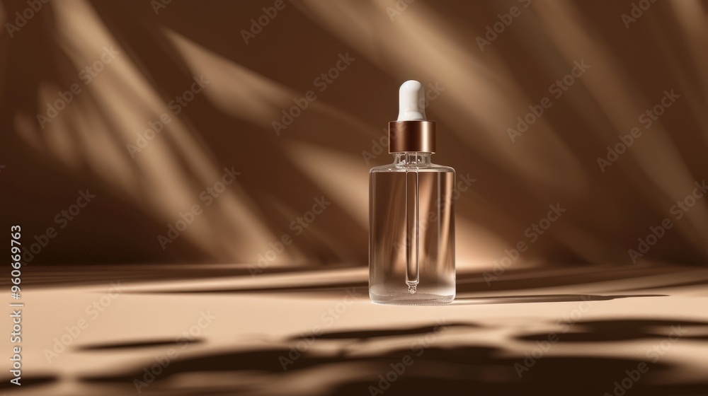 Serum displayed in a clear glass bottle with a white dropper cap. Feminine skincare oil mockup on brown backdrop in sunlight. Vertical display.