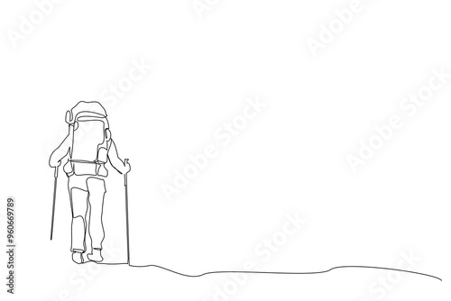 human person nature backpacking hike trekking walk back view one line art design vector