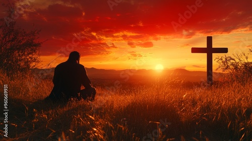A silhouette of a man kneeling near a wooden cross on a meadow grass field at sunset. Religion faith belief repentance prayer forgiveness hope in Jesus Christ.