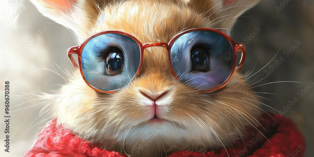A cute bunny wearing red-rimmed glasses looks directly at the camera. A cute bunny wearing red-rimmed glasses looks directly at the camera.