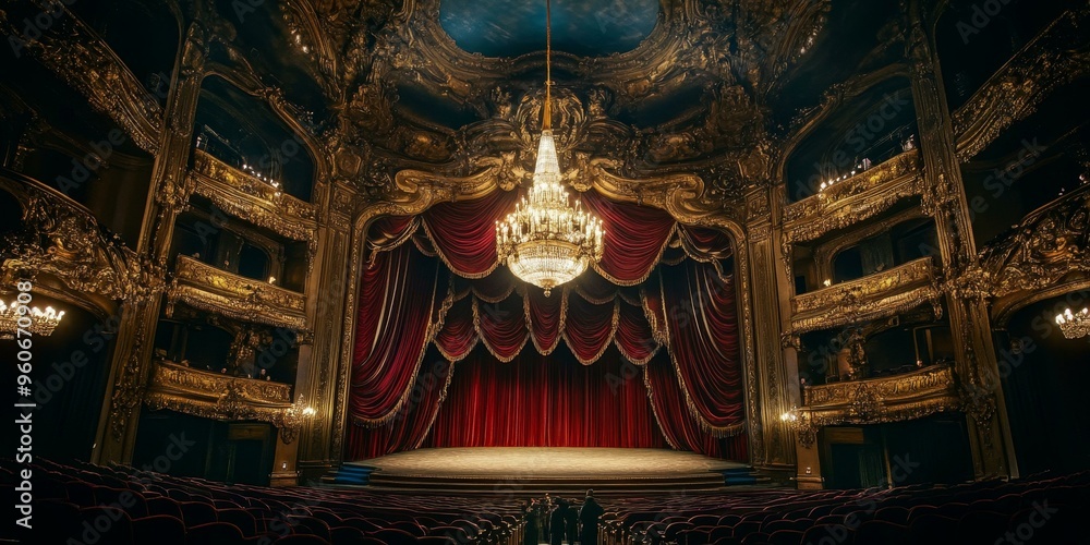 Obraz premium Ornate theater interior with red curtains and empty seats.