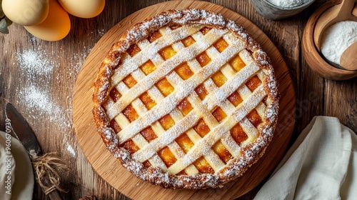 Torta Pasqualina typical salty easter cake specialty in liguria torta closeup on the wooden board on the table. Horizontal top view from above photo