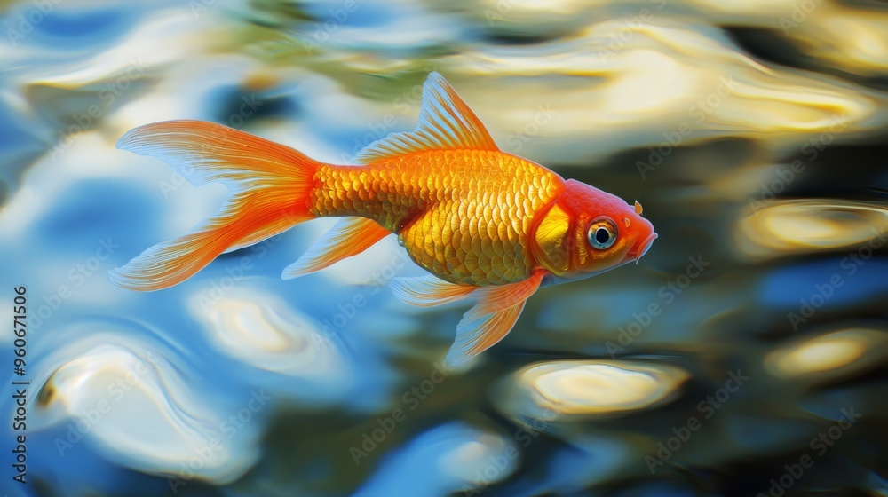 An elegant goldfish swimming in a crystal-clear pond, with reflections of its vibrant colors shimmering on the water's surface An elegant goldfish swimming in a crystal-clear pond, with reflections of its vibrant colors shimmering on the water's surface
