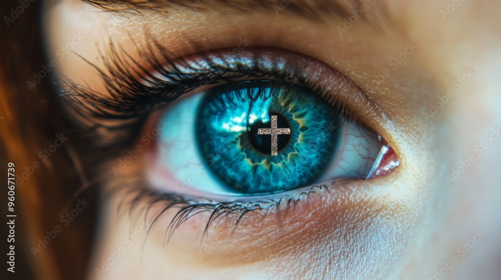 Fototapeta premium The cross of Christ is reflected in the eye of a male person. He is thinking about the love of Jesus Christ and the sacrifice He made, a holy Bible believer, blessed with grace and forgiveness from