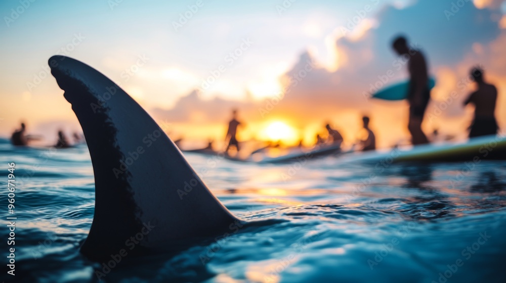 Fototapeta premium Sea or ocean water surface with dangerous shark animal predator fins emerging from it, people playing in the water as if on vacation, ready for an attack, aggressive.