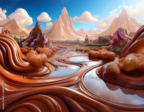 A surreal landscape made of dessert elements, with chocolate mountains, caramel rivers, and
