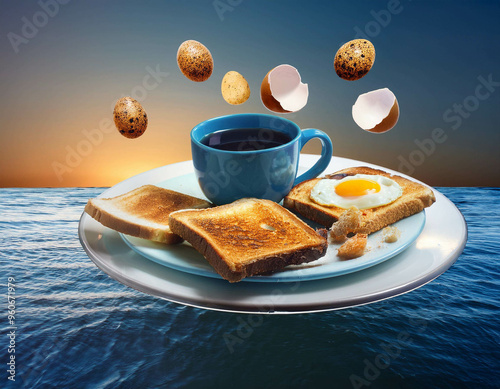 A surreal, floating breakfast table, with each element?coffee cup, toast, eggs?hovering abov photo