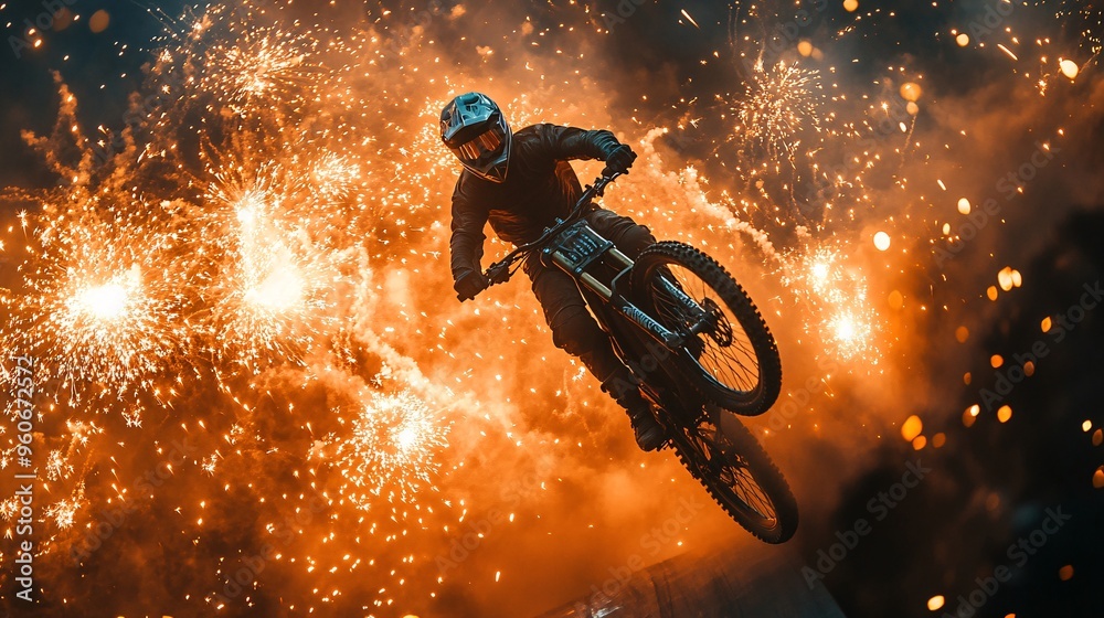 A biker executing a daring stunt over a ramp as New Year’s fireworks explode around him, creating a dramatic and thrilling scene A biker executing a daring stunt over a ramp as New Year’s fireworks explode around him, creating a dramatic and thrilling scene
