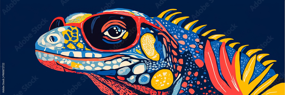 A colorful iguana wearing sunglasses with a dark blue background. A colorful iguana wearing sunglasses with a dark blue background.