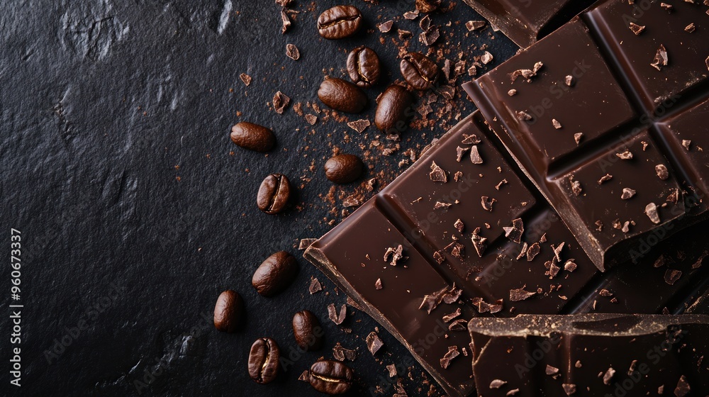 Dark Chocolate and Coffee Beans on Black Slate Dark Chocolate and Coffee Beans on Black Slate