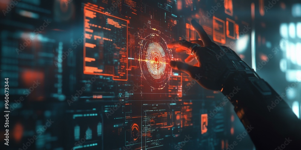 Hand interacts with futuristic digital interface. Hand interacts with futuristic digital interface.