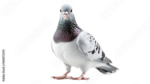 A close-up of a grey pigeon with striking black and white feathers, standing against a clean white background.