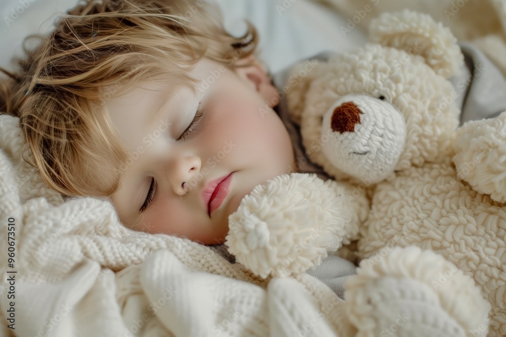 Child peacefully sleeping while cuddling a fluffy teddy bear in a cozy bedroom setting during the afternoon Child peacefully sleeping while cuddling a fluffy teddy bear in a cozy bedroom setting during the afternoon