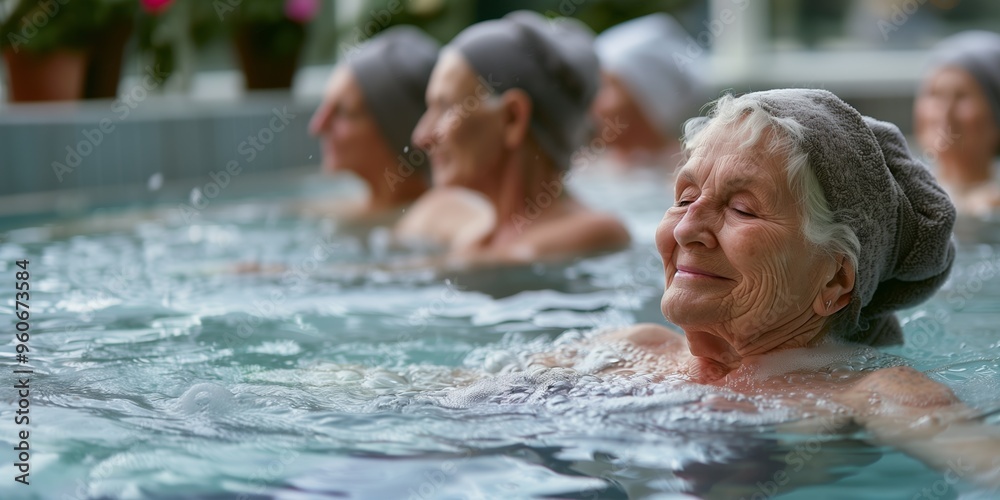 Fototapeta premium golden age. elderly women, women of retirement age relaxing in the spa. swim in the pool