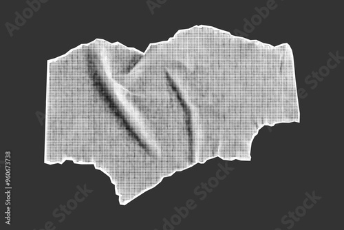 Halftone collage element isolated on dark background. Torn piece of paper tape with jagged edges. Cut and ripped sheet, vintage crumpled sticker, template.