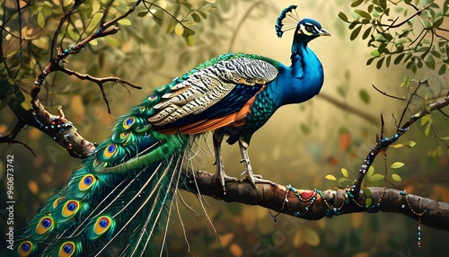 Majestic peacock draped in vibrant jewels perched on tree branch surrounded by lush green leaves photo