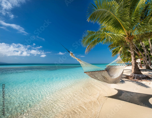 A tropical beach with crystal-clear waters, palm trees swaying, and a hammock gently rocking photo