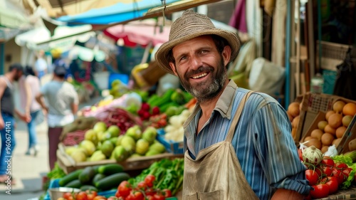 Smiling vendor at a bustling outdoor market showcasing fresh produce in a lively atmosphere during midday