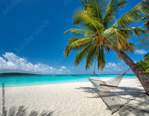 A tropical beach with crystal-clear waters, palm trees swaying, and a hammock gently rocking photo