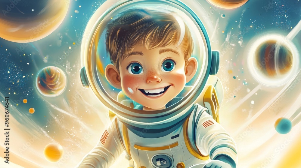 Cartoon illustration of a smiling little boy in space with a helmet and suit, exploring the universe, cosmos, and galaxy, conducting an exploration adventure in space. Cartoon illustration of a smiling little boy in space with a helmet and suit, exploring the universe, cosmos, and galaxy, conducting an exploration adventure in space.