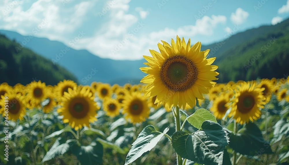 Single Sunflower in a Field of Sunflowers with a Mountain Backdrop Single Sunflower in a Field of Sunflowers with a Mountain Backdrop