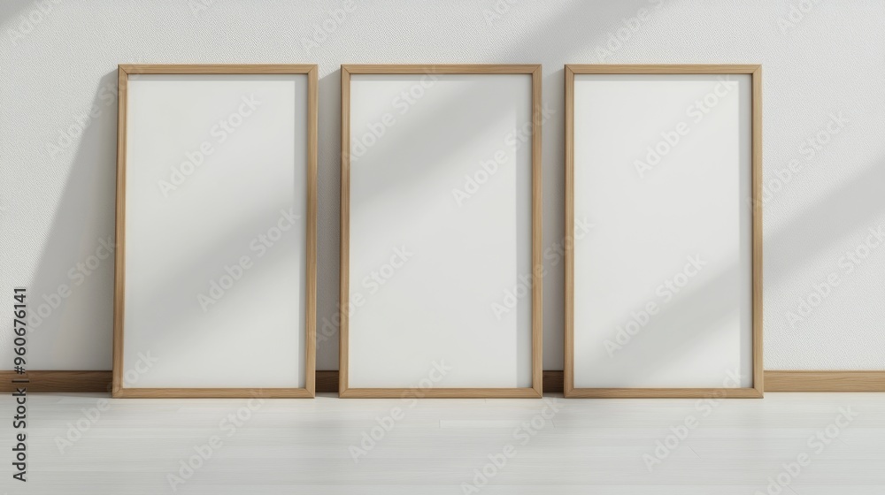 Vertical white blank wooden framed wall art mockups on a parquet floor in an empty modern room. Stunning lighting casting shadows on canvas. Vertical white blank wooden framed wall art mockups on a parquet floor in an empty modern room. Stunning lighting casting shadows on canvas.