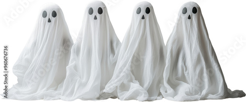 Four Ghosts in White Sheets, Halloween Decoration Isolated on Transparent Background