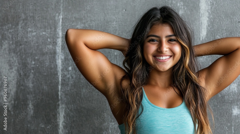 Beautiful young Caucasian girl wearing a white t-shirt, smiling with white teeth and flexing her muscles. Young female teen, strong and healthy. Beautiful young Caucasian girl wearing a white t-shirt, smiling with white teeth and flexing her muscles. Young female teen, strong and healthy.
