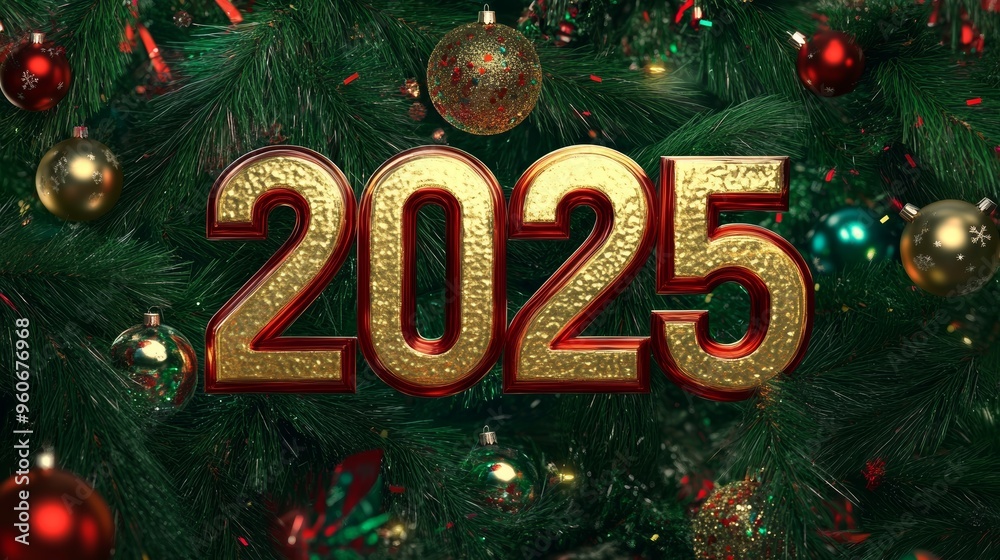 Festive New Year 2025 celebration with Christmas tree ornaments Festive New Year 2025 celebration with Christmas tree ornaments