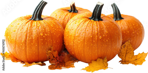 Fresh Dew-Kissed Pumpkins with Autumn Leaves for Fall Isolated on Transparent Background