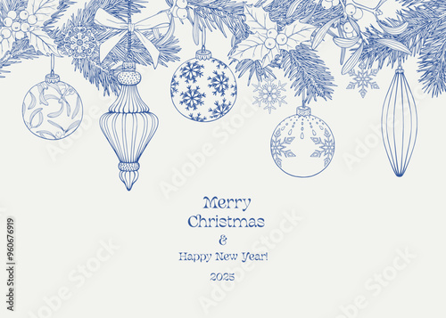 Christmas Vintage illustration with fir branches, balls, bows, holly, snowflakes, mistletoe. Blue beige. Line art Hand drawn vector background for design greeting card, decoration new year