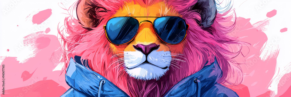 Fototapeta premium Cool lion with pink mane wearing sunglasses and a blue hoodie.