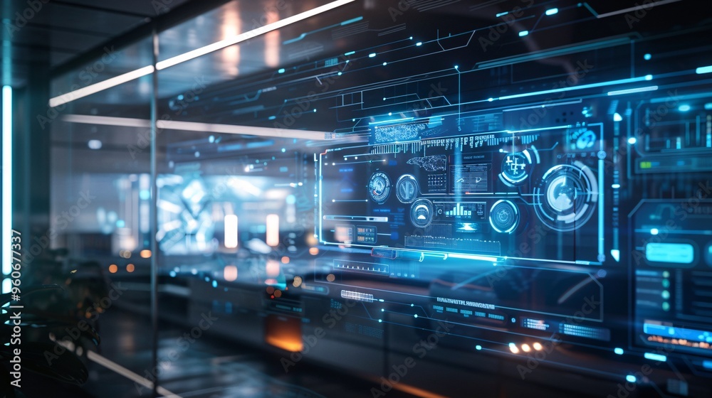 Futuristic Digital Interface on Glass Wall