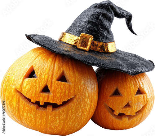 Two Jack-O'-Lantern Pumpkins with Witch Hat on on Transparent Background