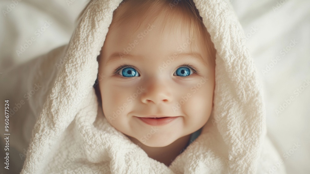 A cute little baby boy snuggled in a soft blanket, smiling at the camera and looking at the camera. Childhood happiness at home, cozy joy in the morning. A cute little baby boy snuggled in a soft blanket, smiling at the camera and looking at the camera. Childhood happiness at home, cozy joy in the morning.