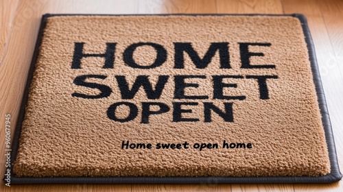 This is a black and white photograph of a brown welcome mat with the text "Home, sweet home" on a wood floor indoors, in a house interior. The mat serves as a welcome greeting for guests and also as