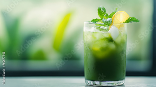 A refreshing glass of iced matcha green tea garnished with a lemon slice and fresh mint leaves, perfect for a hot summer day.