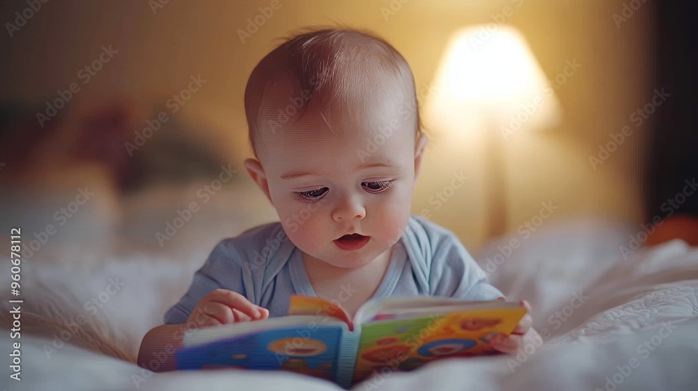 A close-up of a baby boy lying on the floor inside a living room, looking at the coloring book and learning. Newborn male baby development, knowledge, childhood reading, boy education. A close-up of a baby boy lying on the floor inside a living room, looking at the coloring book and learning. Newborn male baby development, knowledge, childhood reading, boy education.