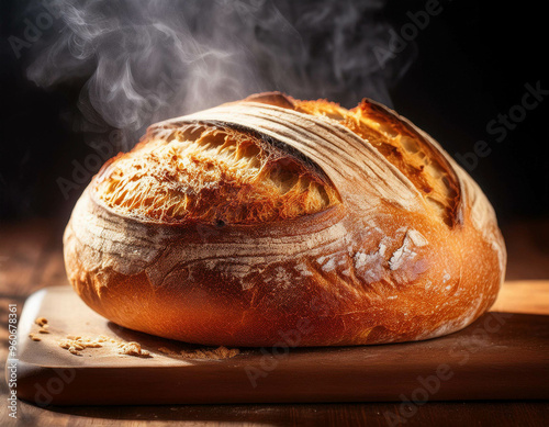 An artisan bread loaf fresh out of the oven, with steam rising and a crisp, golden crust, pl photo