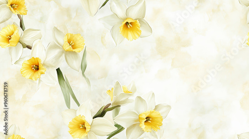 Delicate white and yellow daffodils with green leaves against a soft, light background, creating a serene and airy floral composition.