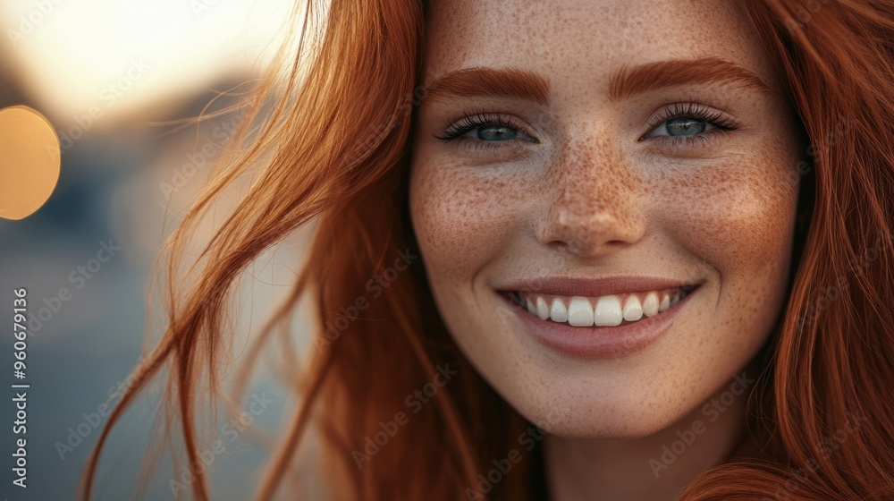 The image shows a gorgeous young woman or girl with red hair sitting outdoors on a city street. She has freckles on her face and smiles at the camera. A copy space is provided for text.