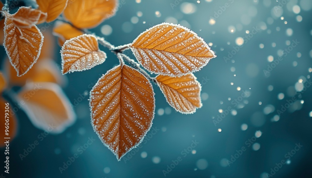 Obraz premium Frosted Autumn Leaves with a Delicate Snowfall